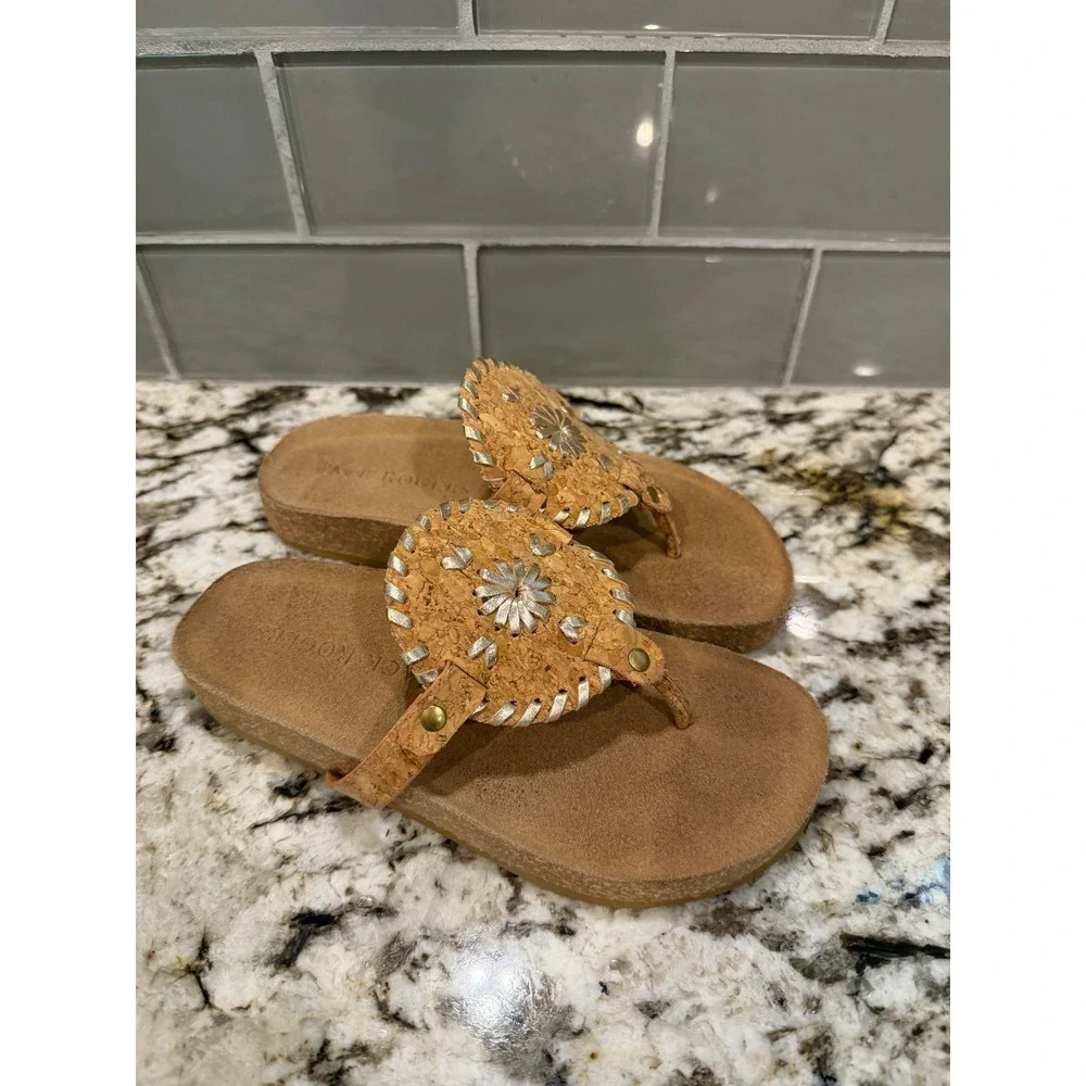 Jack Rogers Youth Girls Cork Silver Whipstitch Jacks Flat Sandals Size 2
